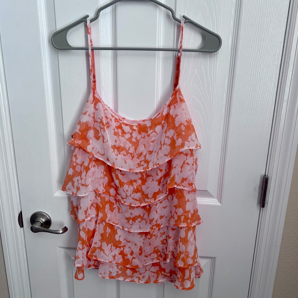 NEW YORK & COMPANY Orange Floral Tiered Ruffle Cami Tank Top Women's XL